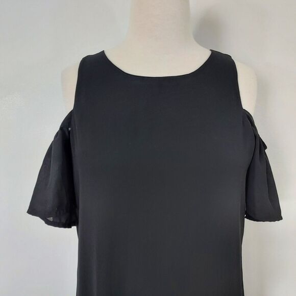 City Streets Dress Flowy Cold Shoulder Womens Size 8 Lined Keyhole Solid Black - Picture 3 of 13